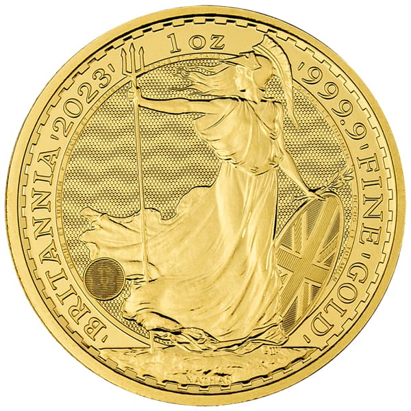 Złota Brytyjska Britannia 1 oz złota Złota moneta Britannia 1 oz 2023 – awers z wizerunkiem Karola III i rewers z postacią Britannii.