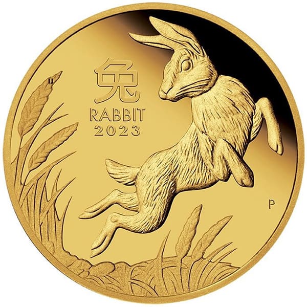 Złota moneta Australijski Lunar Rok Królika 1 oz 2023 – awers i rewers Australijski Lunar Rok Królika Złota moneta Australijski Lunar Rok Królika 2023 1/2oz – awers i rewers