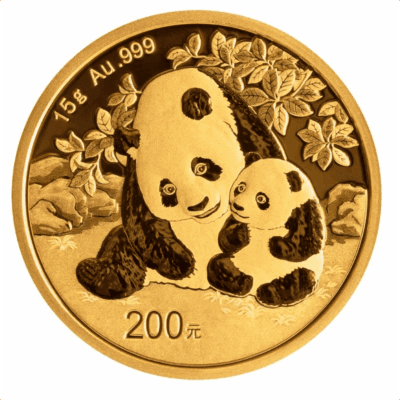 Złota moneta China Panda 2025 - awers przedstawiający Świątynię Nieba oraz rewers z motywem pandy Złota moneta pół uncji Kraków KupSZTABKI china-2024-panda-au999-15-g-bu