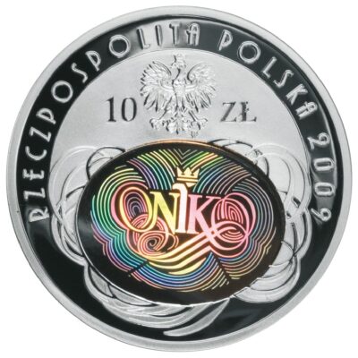 Srebrna moneta 90. Rocznica Utworzenia Najwyższej Izby Kontroli 10 zł 2009 – awers i rewers, moneta kolekcjonerska NBP Srebrna Moneta Inwestycyjna z kolorowym hologramem NIK i napisem "Rzeczpospolita Polska 2009".
