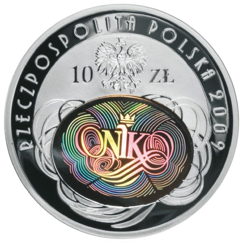 Srebrna moneta 90. Rocznica Utworzenia Najwyższej Izby Kontroli 10 zł 2009 – awers i rewers, moneta kolekcjonerska NBP Srebrna Moneta Inwestycyjna z kolorowym hologramem NIK i napisem "Rzeczpospolita Polska 2009".