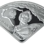 Srebrna moneta Expo 2005 Aichi 10 zł 2005 – awers i rewers, moneta kolekcjonerska NBP Srebrna Moneta Inwestycyjna w kształcie wachlarza z orłem i postacią kobiety.