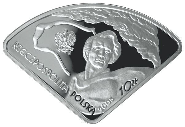 Srebrna moneta Expo 2005 Aichi 10 zł 2005 – awers i rewers, moneta kolekcjonerska NBP Srebrna Moneta Inwestycyjna w kształcie wachlarza z orłem i postacią kobiety.