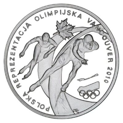 Srebrna moneta Polska Reprezentacja Olimpijska Vancouver 2010 – awers z biathlonistą, rewers z panczenistami i liściem klonu.