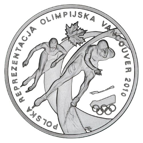 Srebrna moneta Polska Reprezentacja Olimpijska Vancouver 2010 – awers z biathlonistą, rewers z panczenistami i liściem klonu.