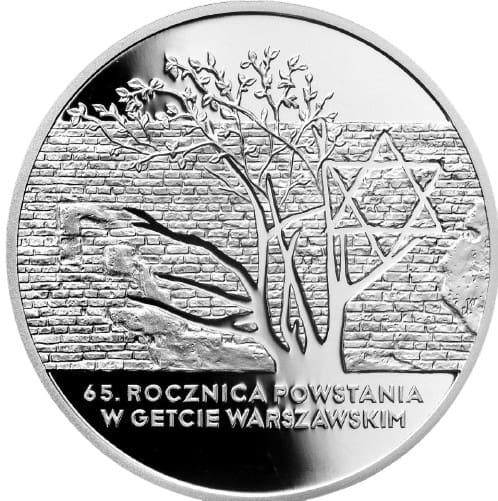Srebrna moneta kolekcjonerska 65 rocznica powstania w getcie warszawskim fragmenty muru getta oraz drzewo