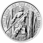 Srebrna moneta Little John 2022 – rewers z Little Johnem w lesie Sherwood, awers z portretem Królowej Elżbiety II. Srebrna moneta Kraków Little John Mity i legendy Silver coin Myths and Legends KupSZTABKI Starowiślna Kraków