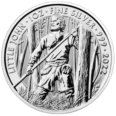 Srebrna moneta Little John 2022 – rewers z Little Johnem w lesie Sherwood, awers z portretem Królowej Elżbiety II. Srebrna moneta Kraków Little John Mity i legendy Silver coin Myths and Legends KupSZTABKI Starowiślna Kraków