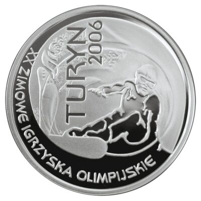 Srebrna moneta Turyn 2006 – rewers z snowboardzistą podczas zjazdu, awers z godłem Polski i snowboardzistą w akcji.