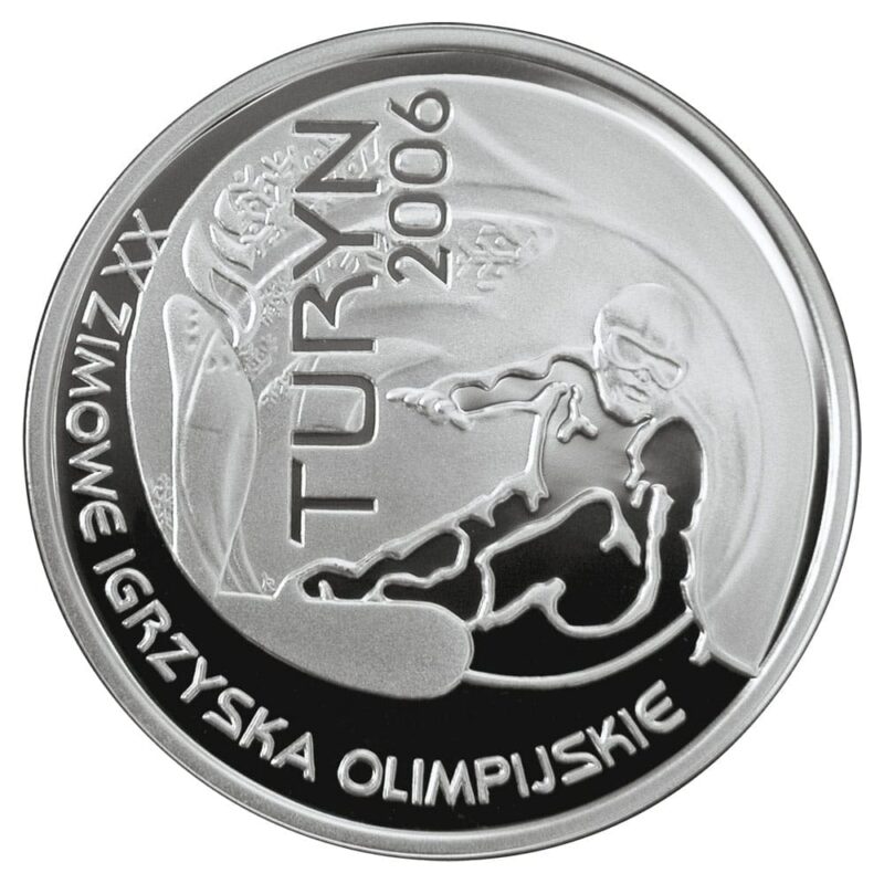 Srebrna moneta Turyn 2006 – rewers z snowboardzistą podczas zjazdu, awers z godłem Polski i snowboardzistą w akcji.