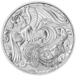 Srebrna moneta 1 oz Rewers przedstawia majestatycznego feniksa, mitycznego ptaka symbolizującego odrodzenie i nieśmiertelność, unoszącego się nad płomieniami. Projekt jest bogato zdobiony i oddaje szczegóły mitologicznej opowieści o feniksie. Wokół feniksa widnieje napis "PHOENIX 2022 1oz 9999 SILVER".