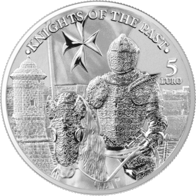 Srebrna moneta Knights of the Past 2023 Malta 1 oz Ag 9999 – rycerze zakonu maltańskiego, blisterpack i certyfikat