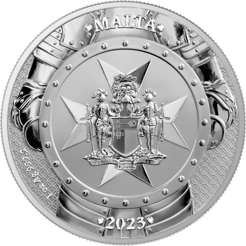 Srebrna moneta Knights of the Past 2023 Malta 1 oz Ag 9999 – rycerze zakonu maltańskiego, blisterpack i certyfikat