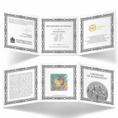 Srebrna moneta Knights of the Past 2023 Malta 1 oz Ag 9999 – rycerze zakonu maltańskiego, blisterpack i certyfikat