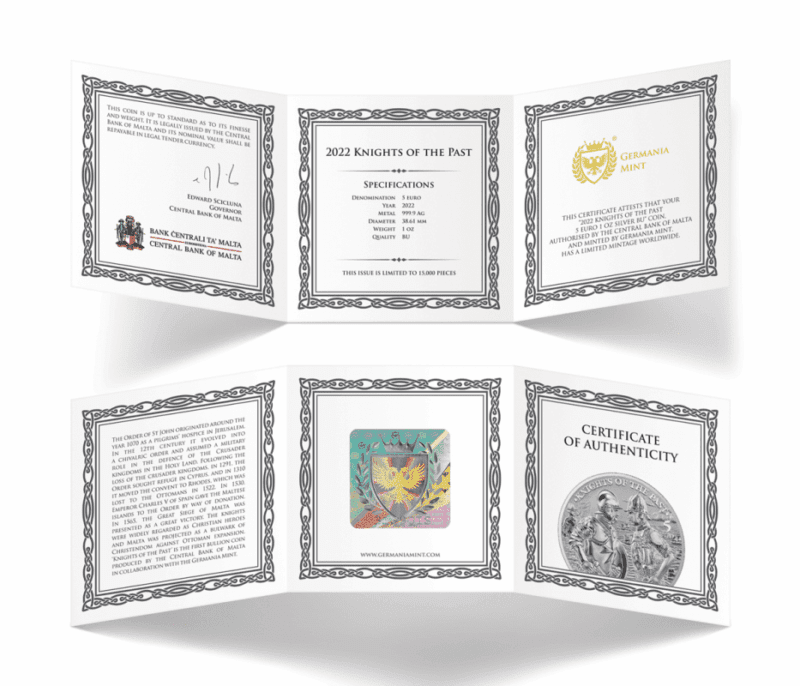 Srebrna moneta Knights of the Past 2023 Malta 1 oz Ag 9999 – rycerze zakonu maltańskiego, blisterpack i certyfikat