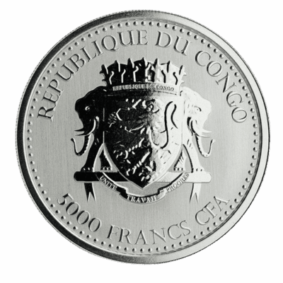 Srebrna moneta Congo Silverback Gorilla 2021 – rewers z gorylem górskim, awers z herbem Republiki Konga. Srebrna moneta Congo Silverback Gorilla 2021 Kraków KupSZTABKI.pl Starowiślna Republique Du Congo 500 Francs CFA