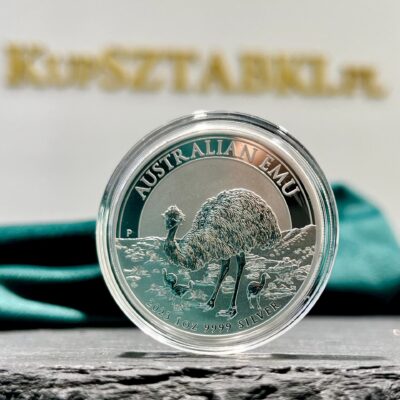 Srebrna moneta Australian Emu 1 oz 2023 – awers z Królową Elżbietą II i rewers z wizerunkiem emu. KupSZTABKI Kraków