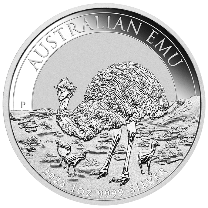 Srebrna moneta Australian Emu 1 oz 2023 – awers z Królową Elżbietą II i rewers z wizerunkiem emu. KupSZTABKI Kraków