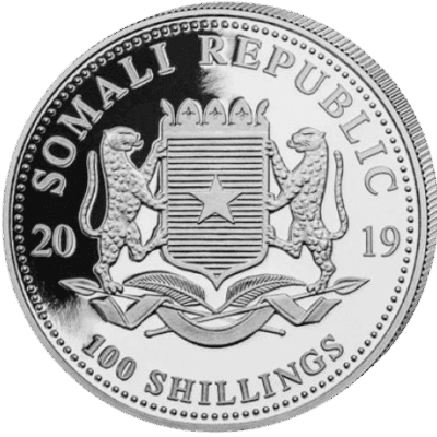 Srebrna moneta Somalijski Leopard 2019 – rewers z leopardem i młodym w afrykańskim krajobrazie, awers z herbem Somalii. Srebrna moneta Somalijski Leopard, 1 oz, 2019 Kraków KupSZTABKI Starowiślna