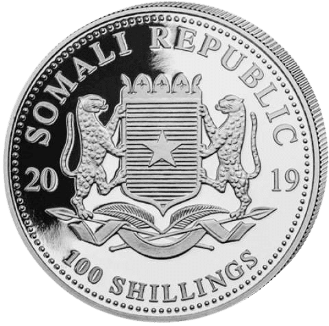 Srebrna moneta Somalijski Leopard 2019 – rewers z leopardem i młodym w afrykańskim krajobrazie, awers z herbem Somalii. Srebrna moneta Somalijski Leopard, 1 oz, 2019 Kraków KupSZTABKI Starowiślna