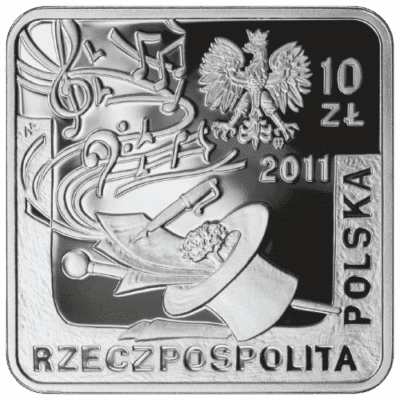 Srebrna moneta Kabaret Starszych Panów 10 zł 2011 – awers i rewers, moneta kolekcjonerska NBP. Srebrne monety Kraków Historia polskiej muzyki rozrywkowej 2011 10zł Kraków Starowiślna KupSZTABKI Rzeczpospolita Polska