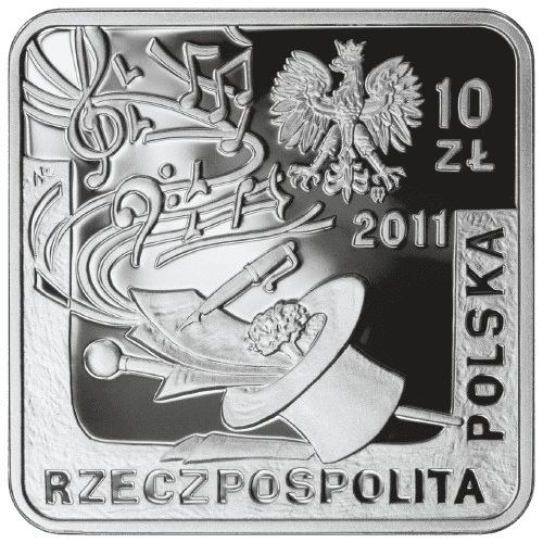 Srebrna moneta Kabaret Starszych Panów 10 zł 2011 – awers i rewers, moneta kolekcjonerska NBP. Srebrne monety Kraków Historia polskiej muzyki rozrywkowej 2011 10zł Kraków Starowiślna KupSZTABKI Rzeczpospolita Polska