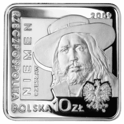 Srebrna moneta Czesław Niemen – Historia Polskiej Muzyki Rozrywkowej 10 zł 2009 – awers i rewers, moneta kolekcjonerska NBP