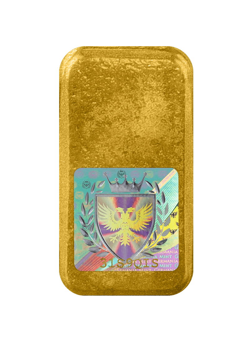 Sztabka złota Germania Mint 1 oz w opakowaniu ochronnym, wysokiej czystości Au 999.9