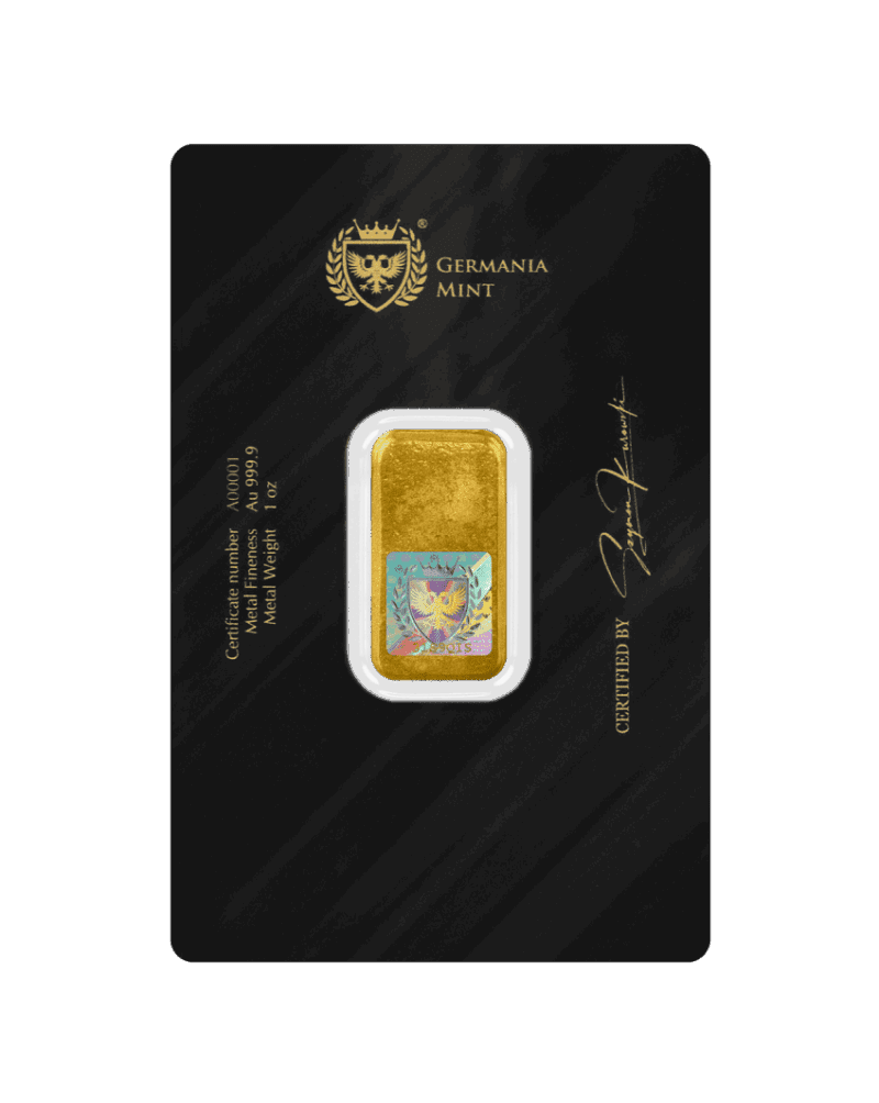 Sztabka złota Germania Mint 1 oz w opakowaniu ochronnym, wysokiej czystości Au 999.9