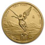 Złota moneta Casa de Moneda de Mexico 1/4 oz, Mexican Libertad 2024, Au 999, przedstawiająca boginię wolności oraz herb Meksyku.