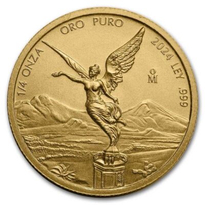 Złota moneta Casa de Moneda de Mexico 1/4 oz, Mexican Libertad 2024, Au 999, przedstawiająca boginię wolności oraz herb Meksyku.