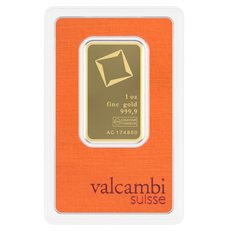 Sztabka złota Valcambi 1 oz Au 999.9 w opakowaniu ochronnym.