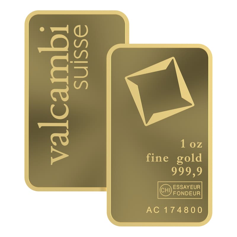 Sztabka złota Valcambi 1 oz Au 999.9 w opakowaniu ochronnym.