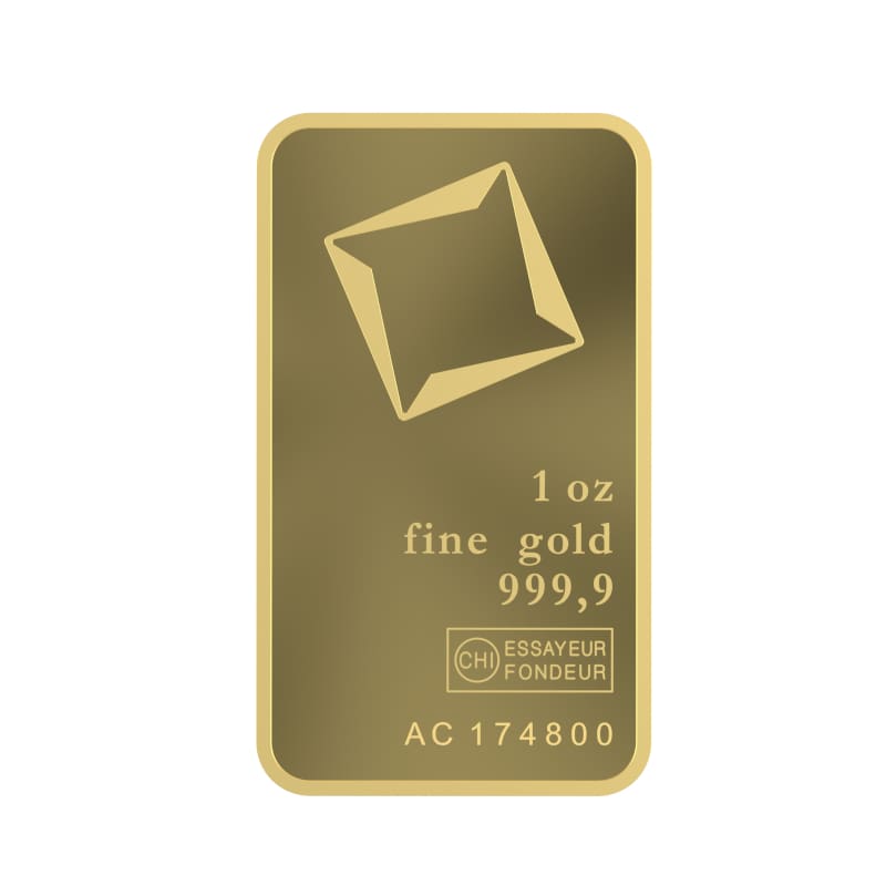 Sztabka złota Valcambi 1 oz Au 999.9 w opakowaniu ochronnym.