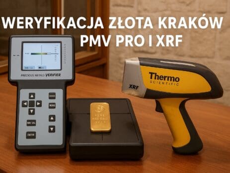 Weryfikacja autentyczności złota w Krakowie – urządzenie PMV PRO obok spektrometru XRF na ladzie punktu w Kazimierzu
