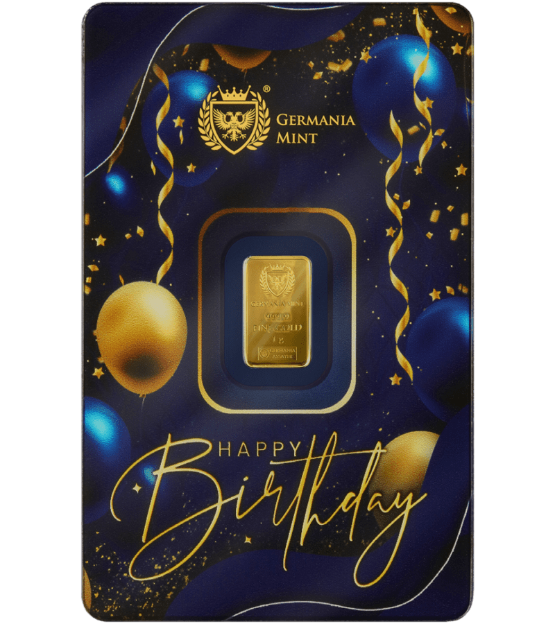 Złota Sztabka Urodzinowa 1g Złota sztabka 1 g Happy Birthday Au 999.9 Germania Mint front opakowania