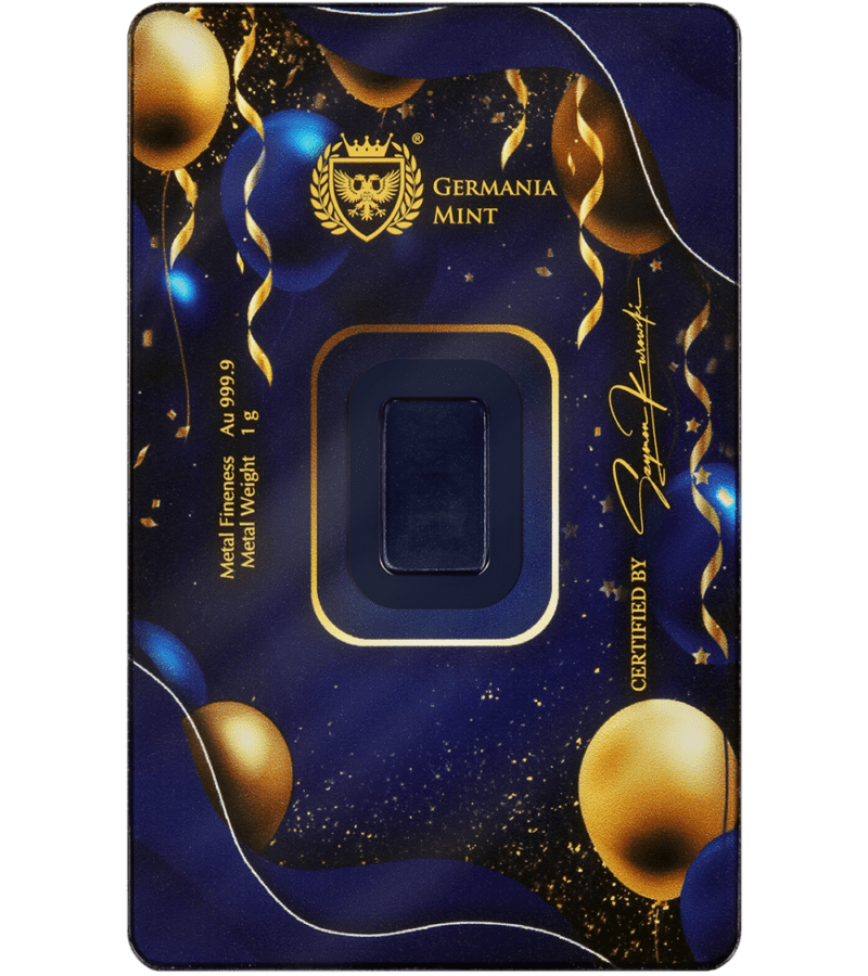 Złota sztabka 1 g Happy Birthday Germania Mint tył Safepacku