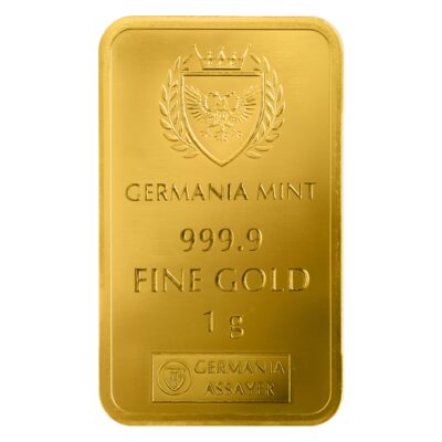 Detal sztabki złota 1 g Germania Mint 999.9 czyste złoto