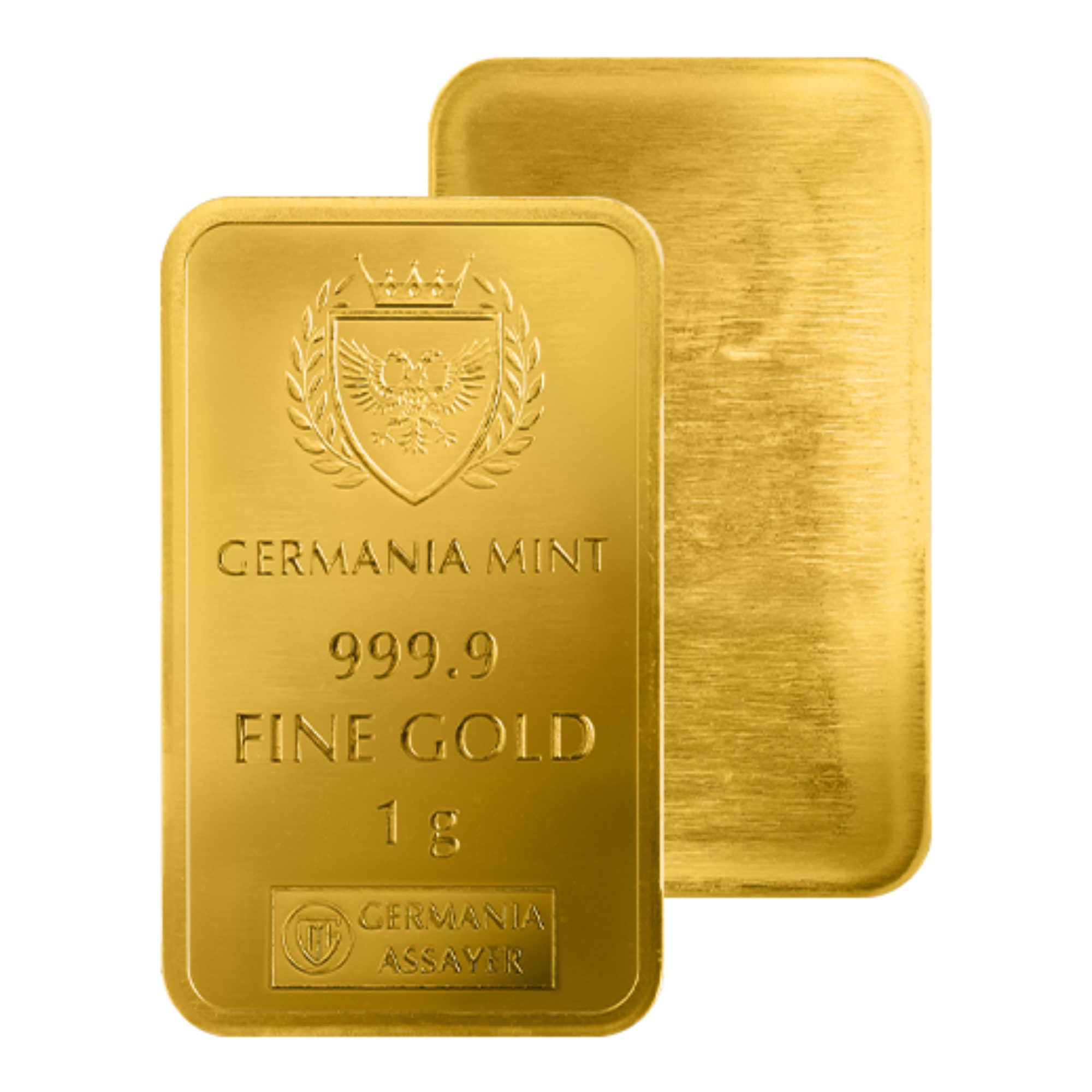 Detale sztabki złota 1 g Germania Mint 999.9 packshot