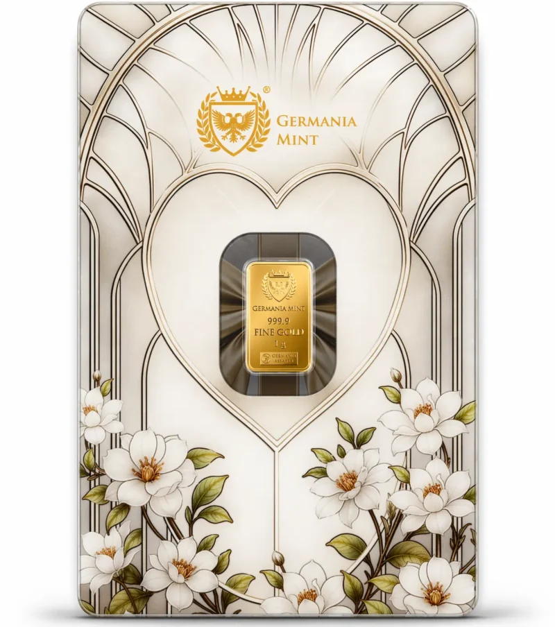 Sztabka złota 1 g Germania Mint Najlepsze Życzenia Au 999.9 w opakowaniu Safepack przód